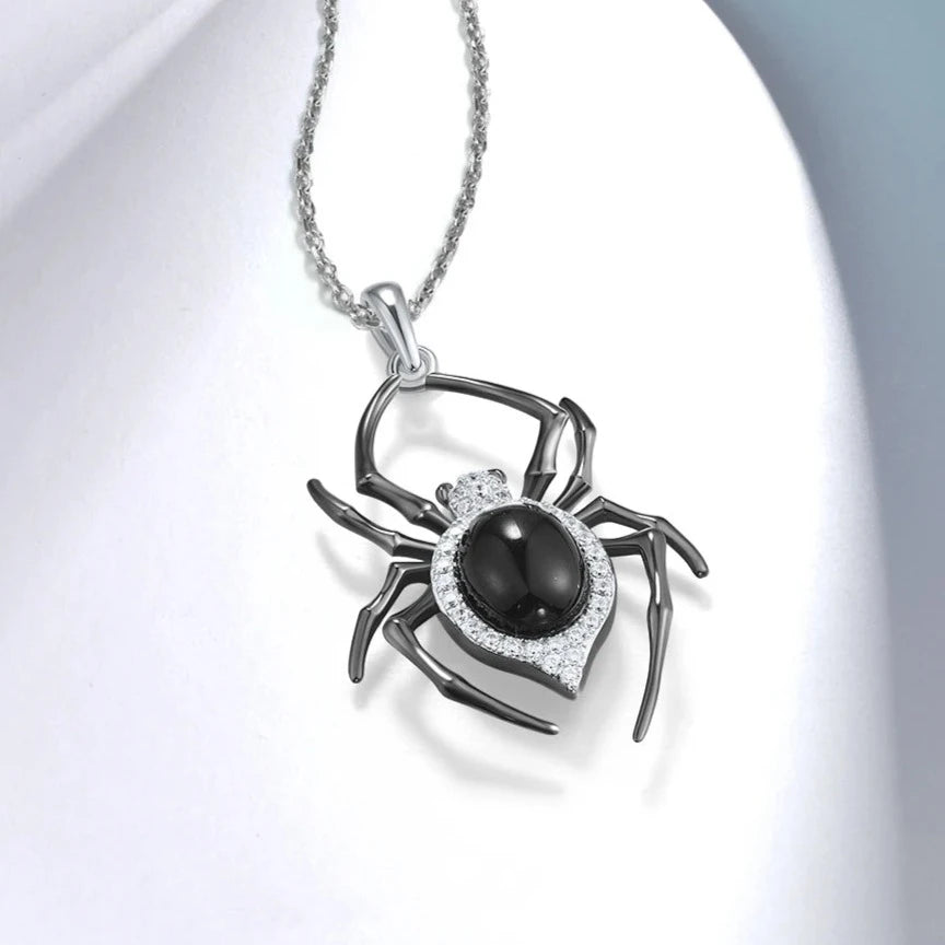 Black Spider | White Cubic Zirconia | Black Agate | Black Rhodium Plated Sterling Silver | Pendant