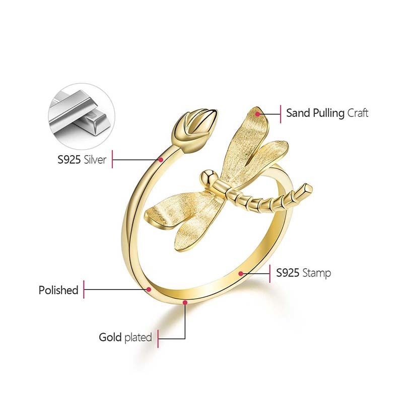 Dragonfly & Flower Bud | Sterling Silver | 18K Gold | Adjustable Ring