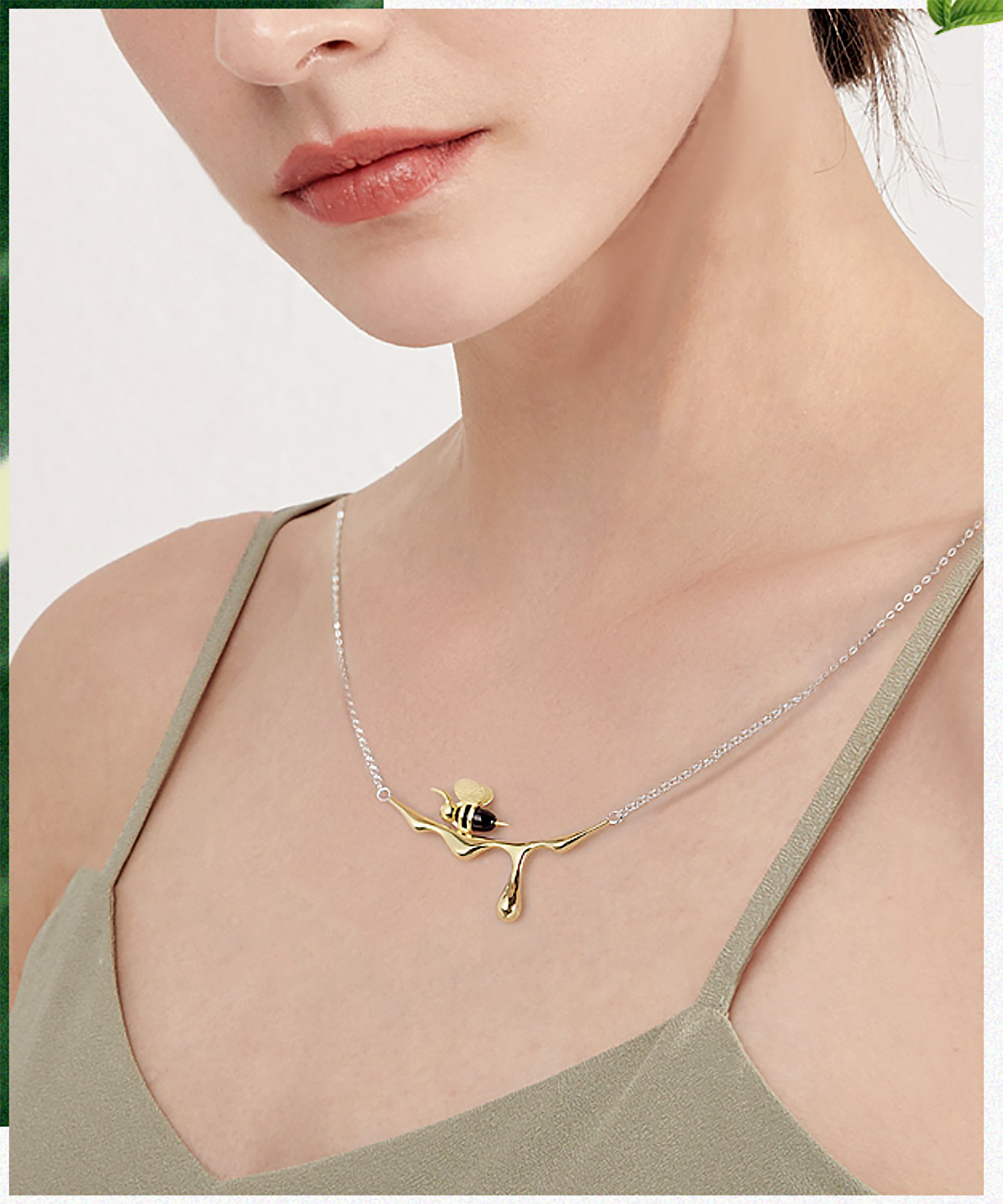 Model Wearing Honey Bee With Dripping Honey Necklace