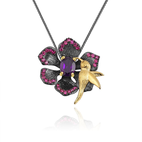 Hummingbird & Flower | Sterling Silver | 18K Gold | Garnet | Amethyst | Pink Crystal | Necklace