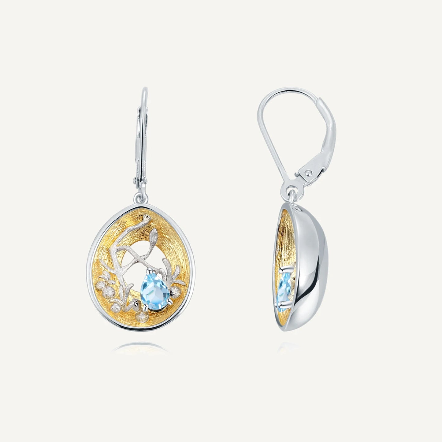 Tree Branch Diorama | Blue Topaz | Amethyst | Nan-Sapphire | Sterling Silver | 18K Gold | Dangle Earrings