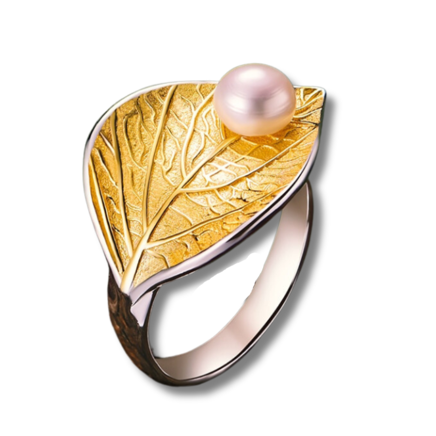 Tropical Leaf | Sterling Silver | 18K Gold | Freshwater Pearl | Adjustable Ring