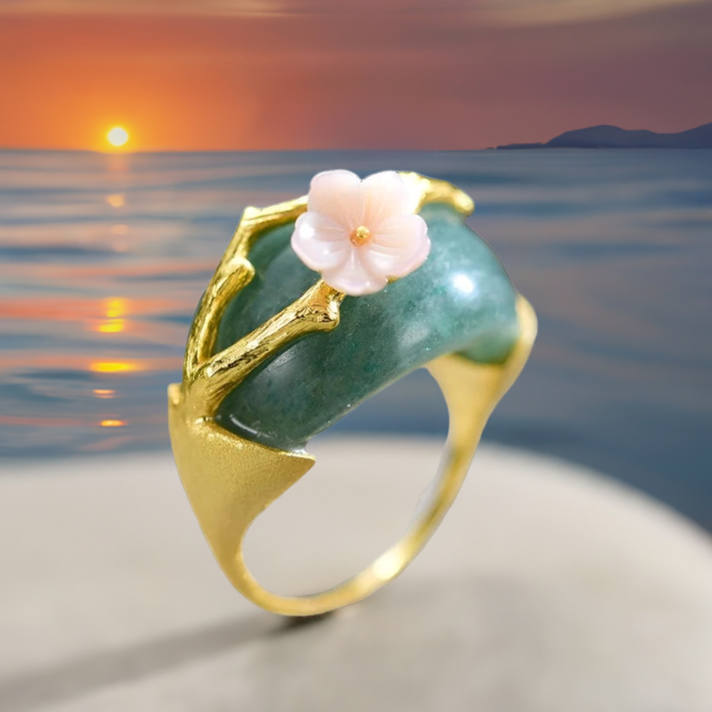 Asian Style Cherry Blossom | Shell | Aventurine | Rose Quartz | 18K Gold | Sterling Silver | Ring