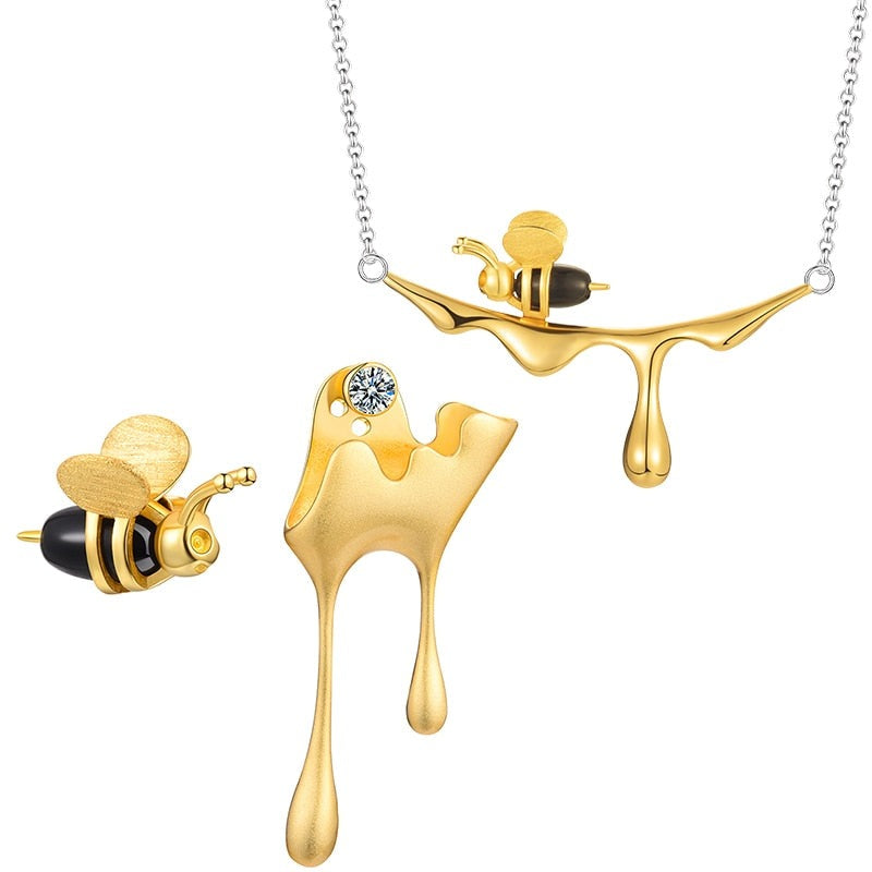 Dripping Honey Bee | Zircon | Agate | Sterling Silver | 18K Gold | Jewelry Set